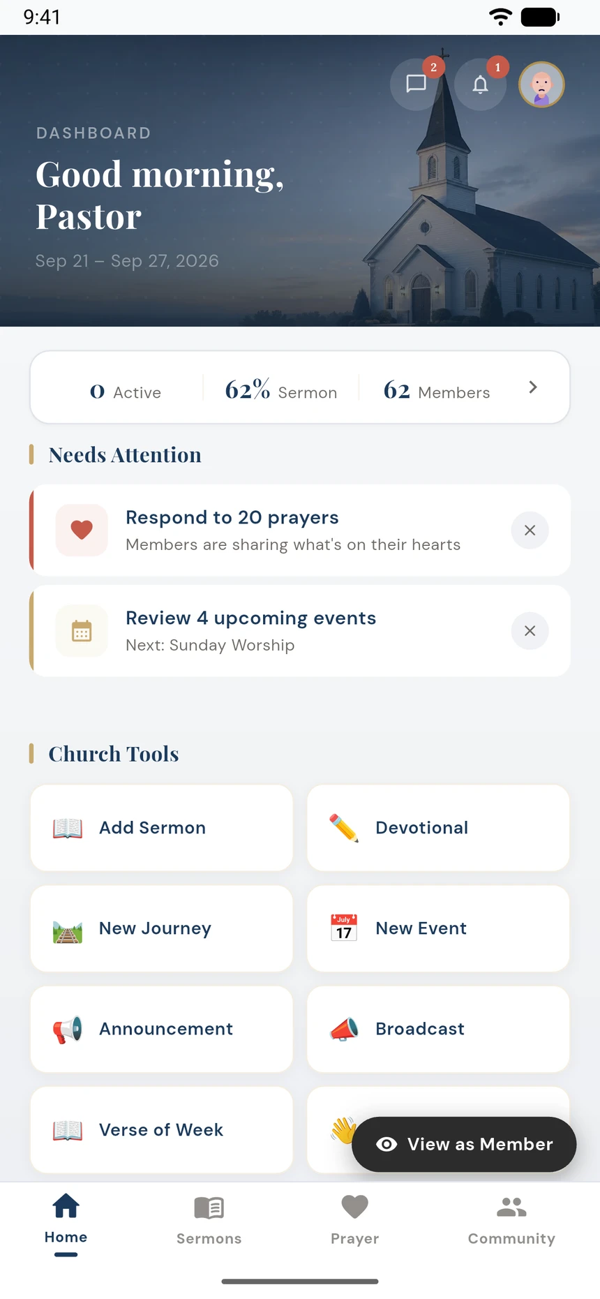 The pastor dashboard in the Devotion app: this week's numbers, what needs attention, and church tools